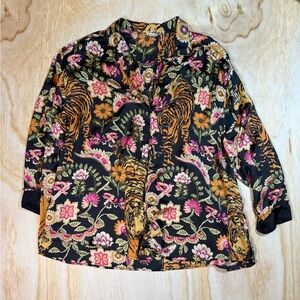 FREE PEOPLE Dreamy Days Pajama Top Floral & Tiger Print Button-Up Sz Large